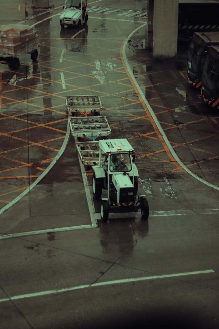 Mastering the First Impression: Your intriguing post title goes here A tractor at the airport towing baggage carts on a wet tarmac with visible rain reflections.
